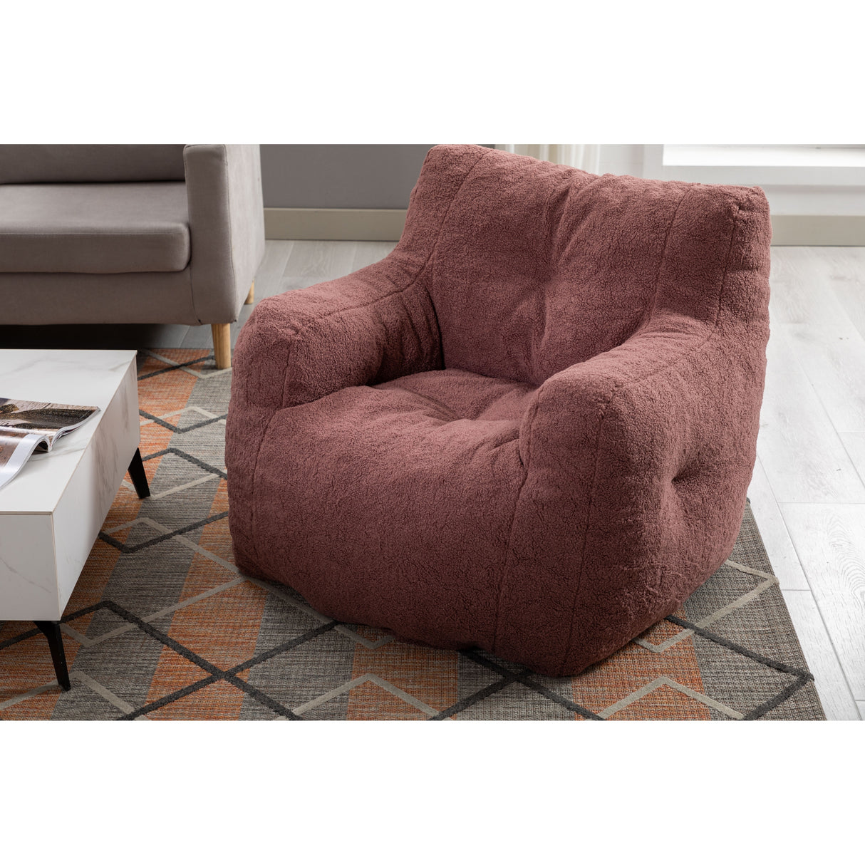 Soft Tufted Foam Bean Bag Chair With Teddy Fabric Bean Paste Red