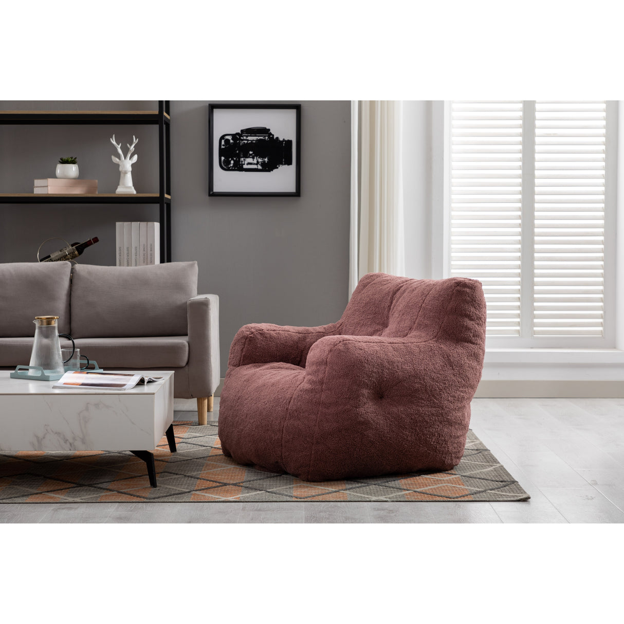 Soft Tufted Foam Bean Bag Chair With Teddy Fabric Bean Paste Red