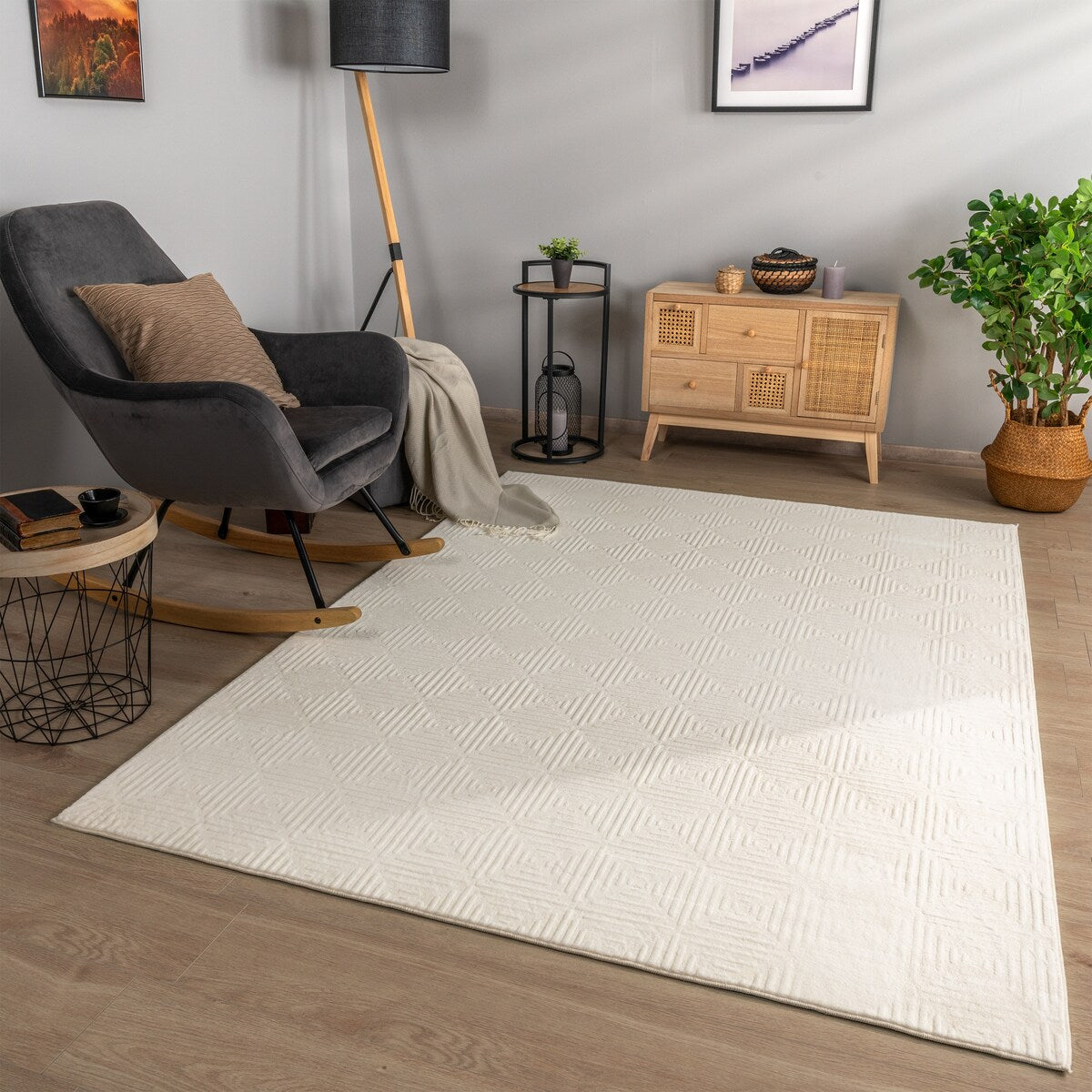Soft Washable Area Rug with Geometric High-Low Effect