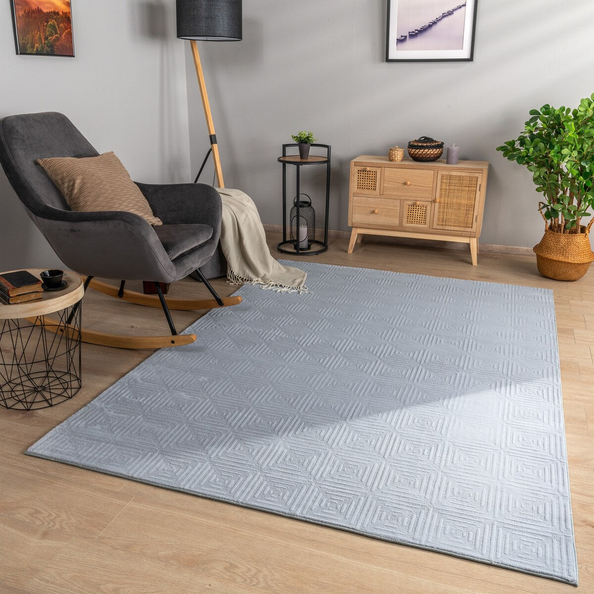 Soft Washable Area Rug with Geometric High-Low Effect