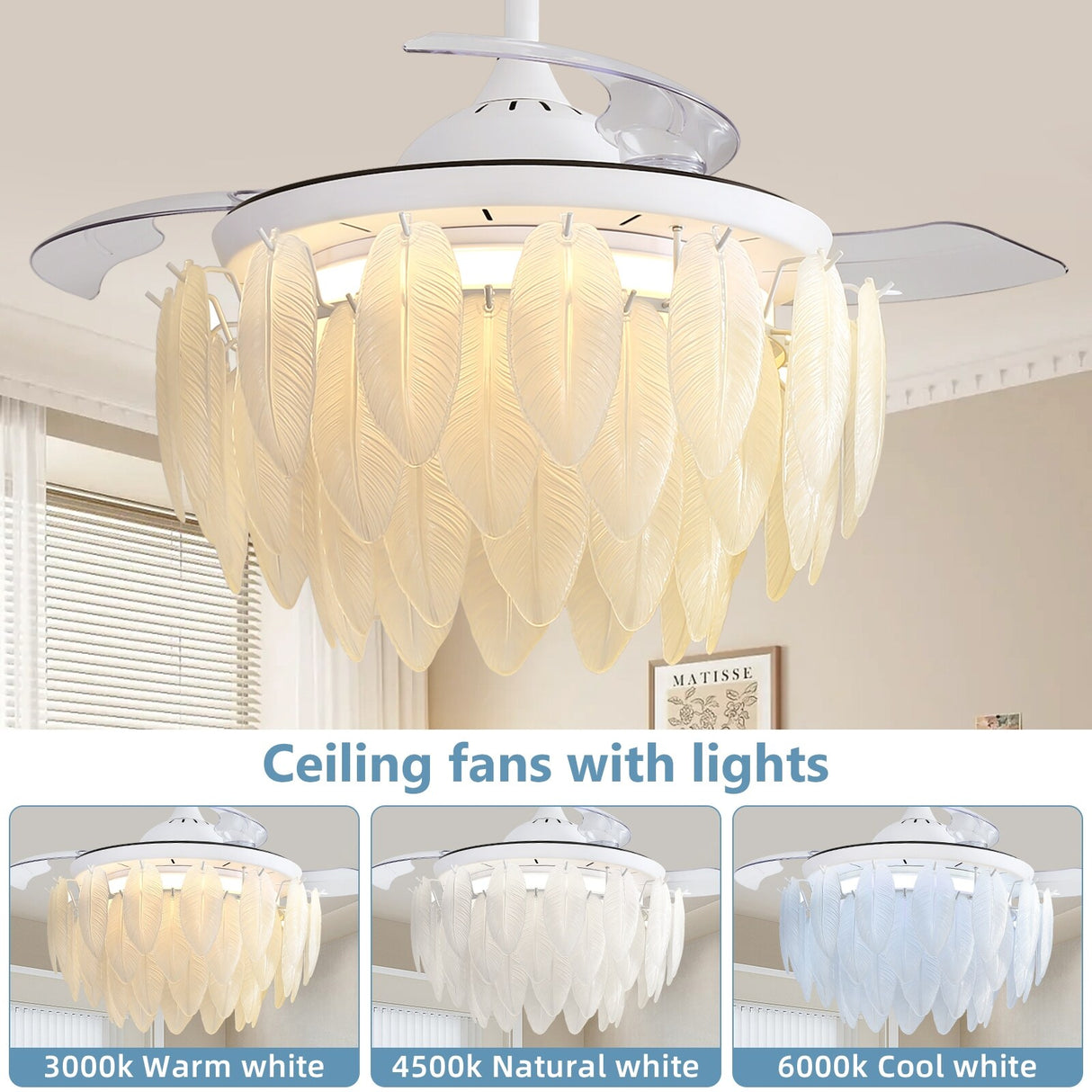 42 Inch White Feather Shaped Glass Ceiling Fan Light with Retractable Blades - 42 Inch