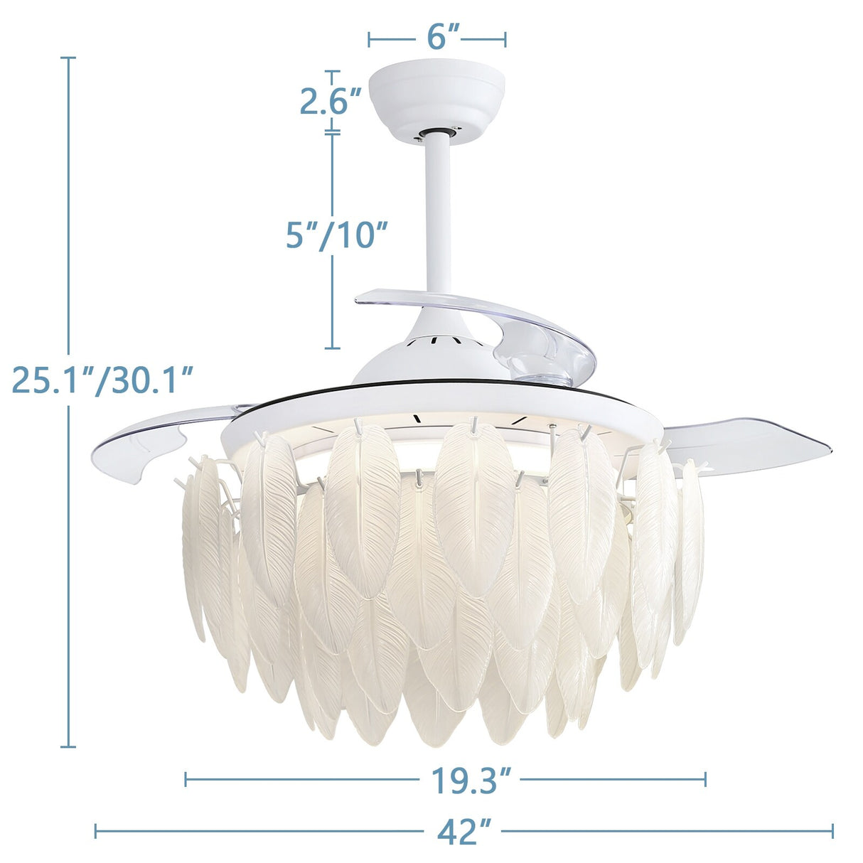 42 Inch White Feather Shaped Glass Ceiling Fan Light with Retractable Blades - 42 Inch