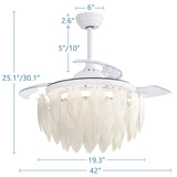 42 Inch White Feather Shaped Glass Ceiling Fan Light with Retractable Blades - 42 Inch