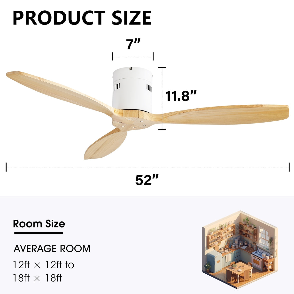 52 Inch Solid Wood Blades Ceiling Fan without Light,Reversible Airflow,6 Gear Wind Speed - 52 inch