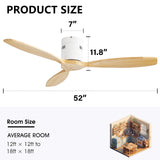 52 Inch Solid Wood Blades Ceiling Fan without Light,Reversible Airflow,6 Gear Wind Speed - 52 inch