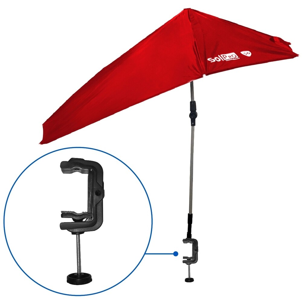 SolPro Clamp-On Shade Umbrella - 4 Way Clamp Umbrella with 360 Degree Swivel and Push Button Hinge.  Great for Beach Chairs