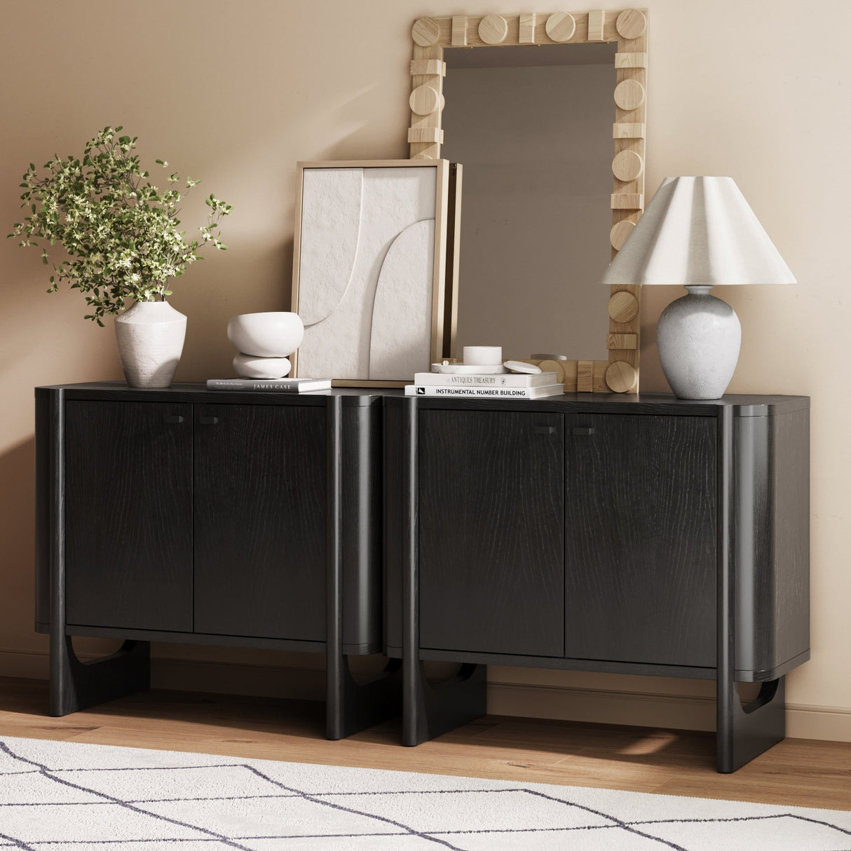Solace Mid Century Modern Cabinet, Storage Accent Cabinet or TV Stand with Doors, Solid Wood Legs and Adjustable Shelf