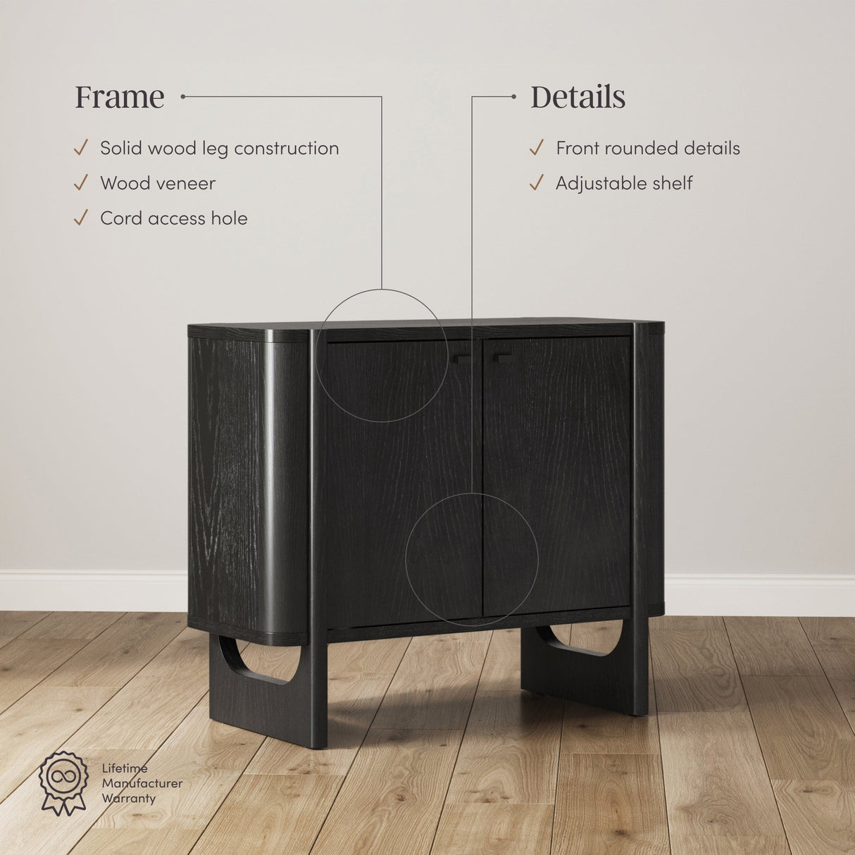 Solace Mid Century Modern Cabinet, Storage Accent Cabinet or TV Stand with Doors, Solid Wood Legs and Adjustable Shelf
