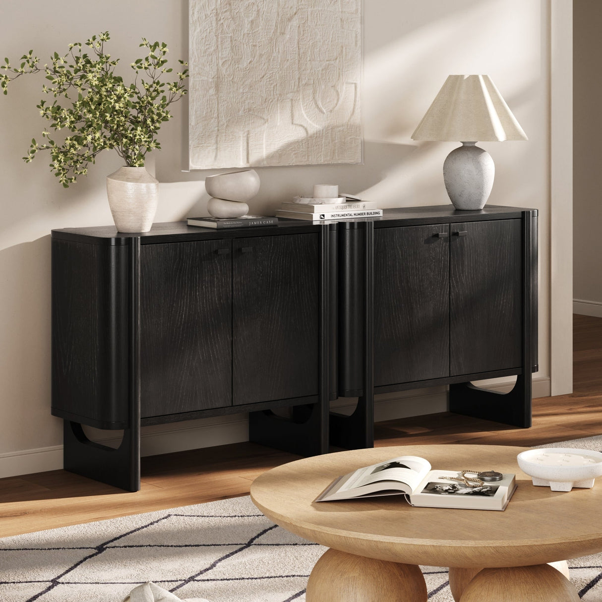 Solace Mid Century Modern Cabinet, Storage Accent Cabinet or TV Stand with Doors, Solid Wood Legs and Adjustable Shelf
