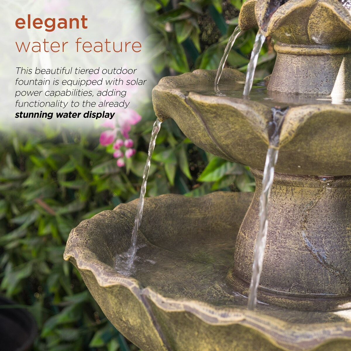 Alpine Corporation USA142SLR 34" Solar Flower Style 2-Tiered Water Fountain Elegant Outdoor Waterfall Feature for Garden