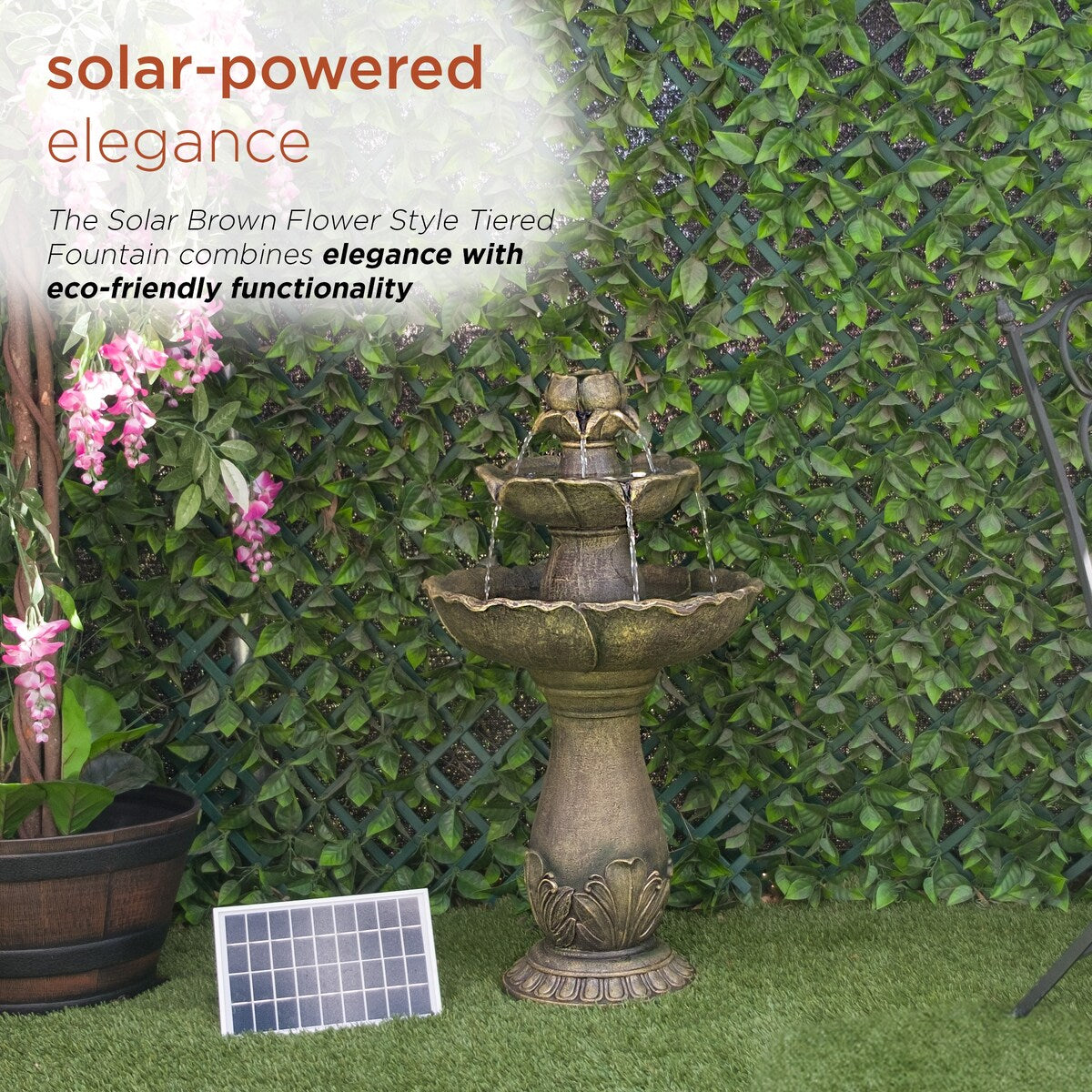 Alpine Corporation USA142SLR 34" Solar Flower Style 2-Tiered Water Fountain Elegant Outdoor Waterfall Feature for Garden