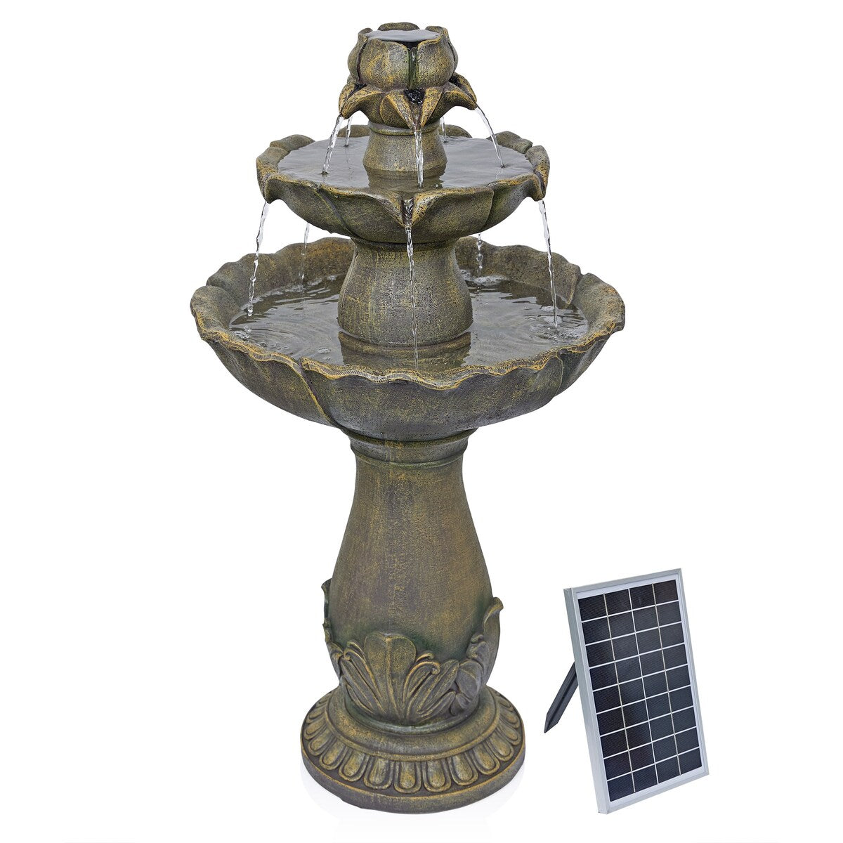 Alpine Corporation USA142SLR 34" Solar Flower Style 2-Tiered Water Fountain Elegant Outdoor Waterfall Feature for Garden