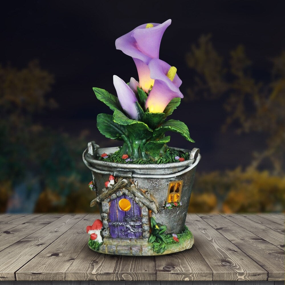 Solar Bucket Fairy House with Purple Flowers