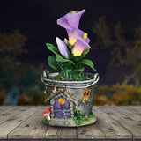 Solar Bucket Fairy House with Purple Flowers