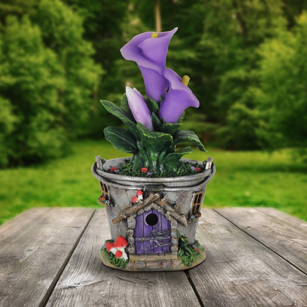 Solar Bucket Fairy House with Purple Flowers