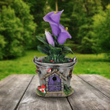Solar Bucket Fairy House with Purple Flowers