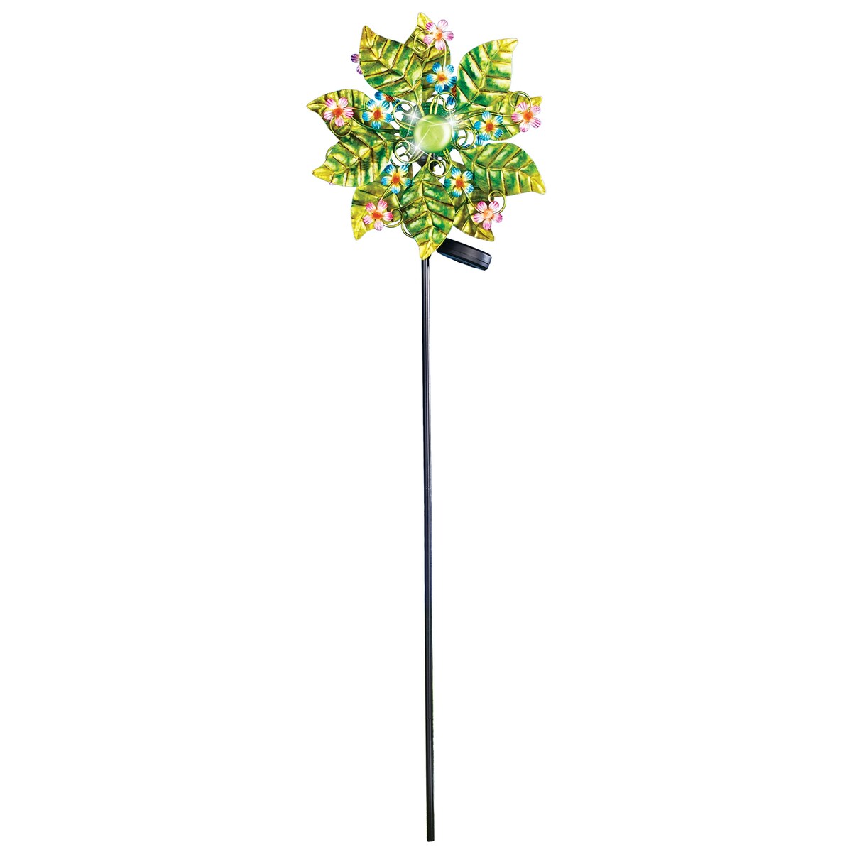 Solar Double Green Leaf Wind Spinner Garden Stake
