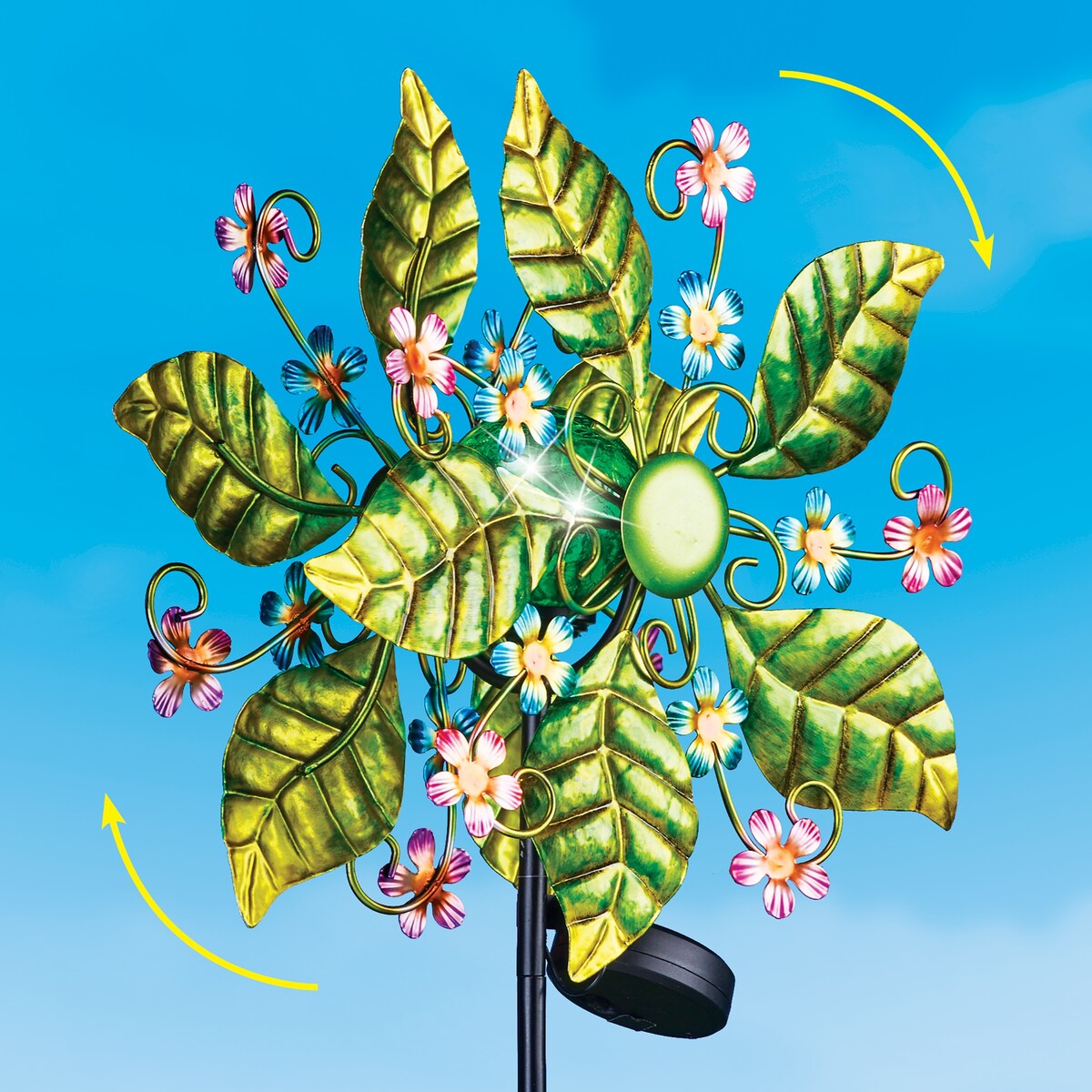 Solar Double Green Leaf Wind Spinner Garden Stake