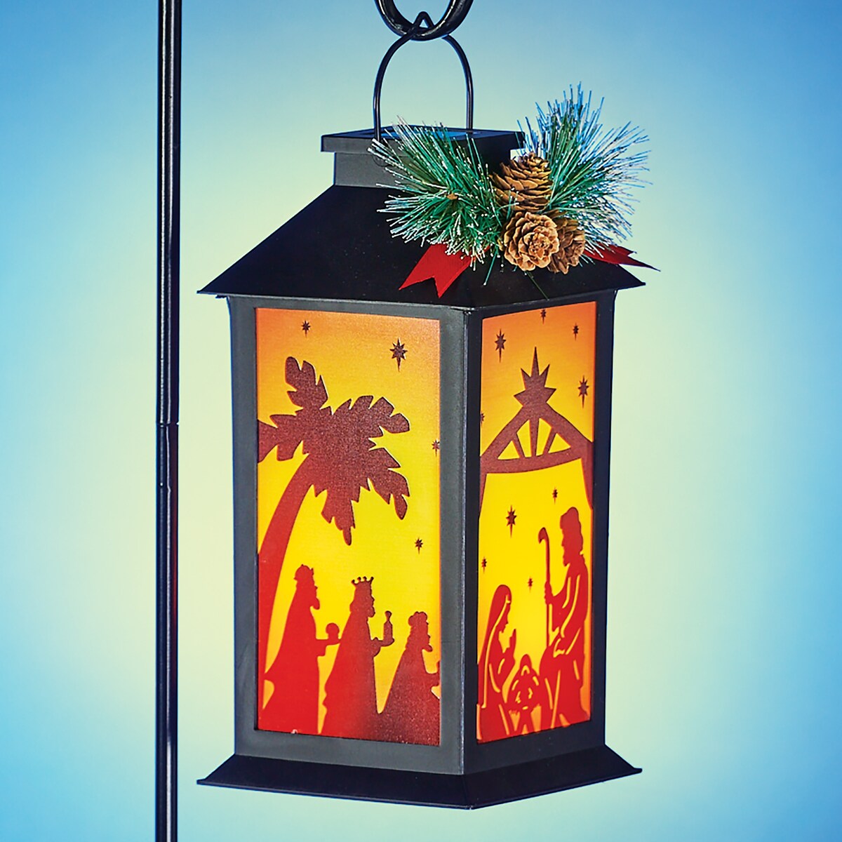 Solar Nativity Scene Outdoor Lantern with Shepherd's Hook - Orange - 7 x 35 x 5.5