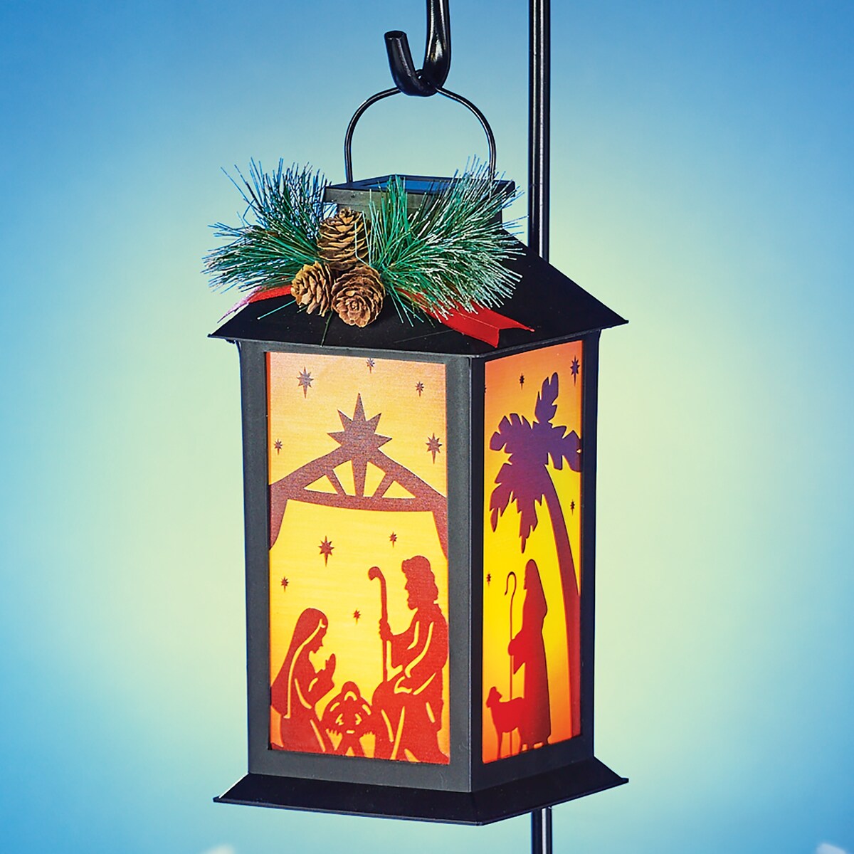 Solar Nativity Scene Outdoor Lantern with Shepherd's Hook - Orange - 7 x 35 x 5.5