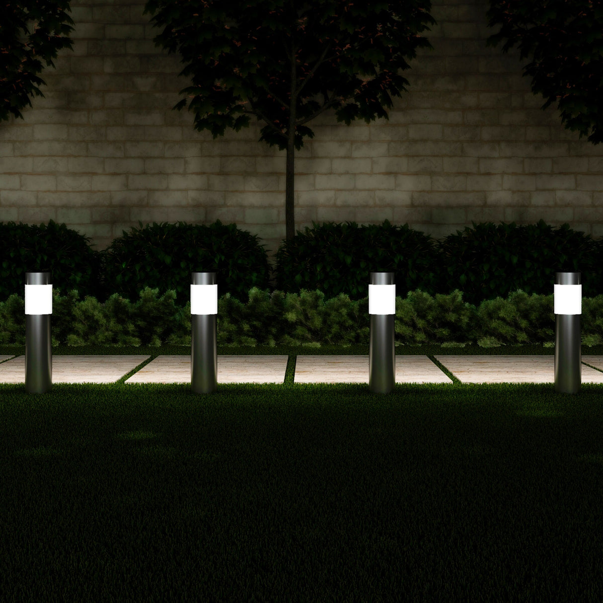 Solar Path Bollard Lights, Set of 6- 15” Stainless Steel Outdoor Stake Lighting by Pure Garden (Silver)