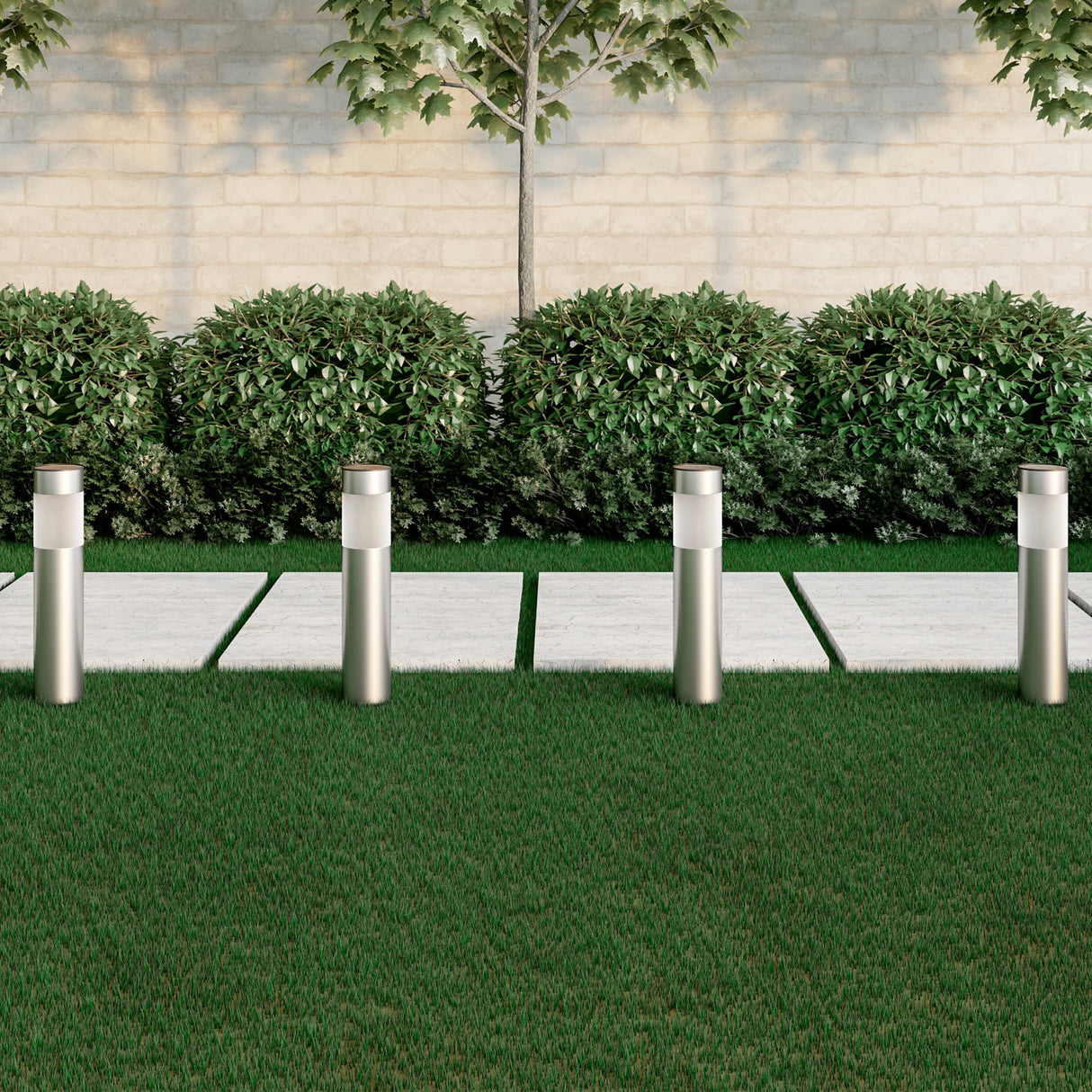 Solar Path Bollard Lights, Set of 6- 15” Stainless Steel Outdoor Stake Lighting by Pure Garden (Silver)