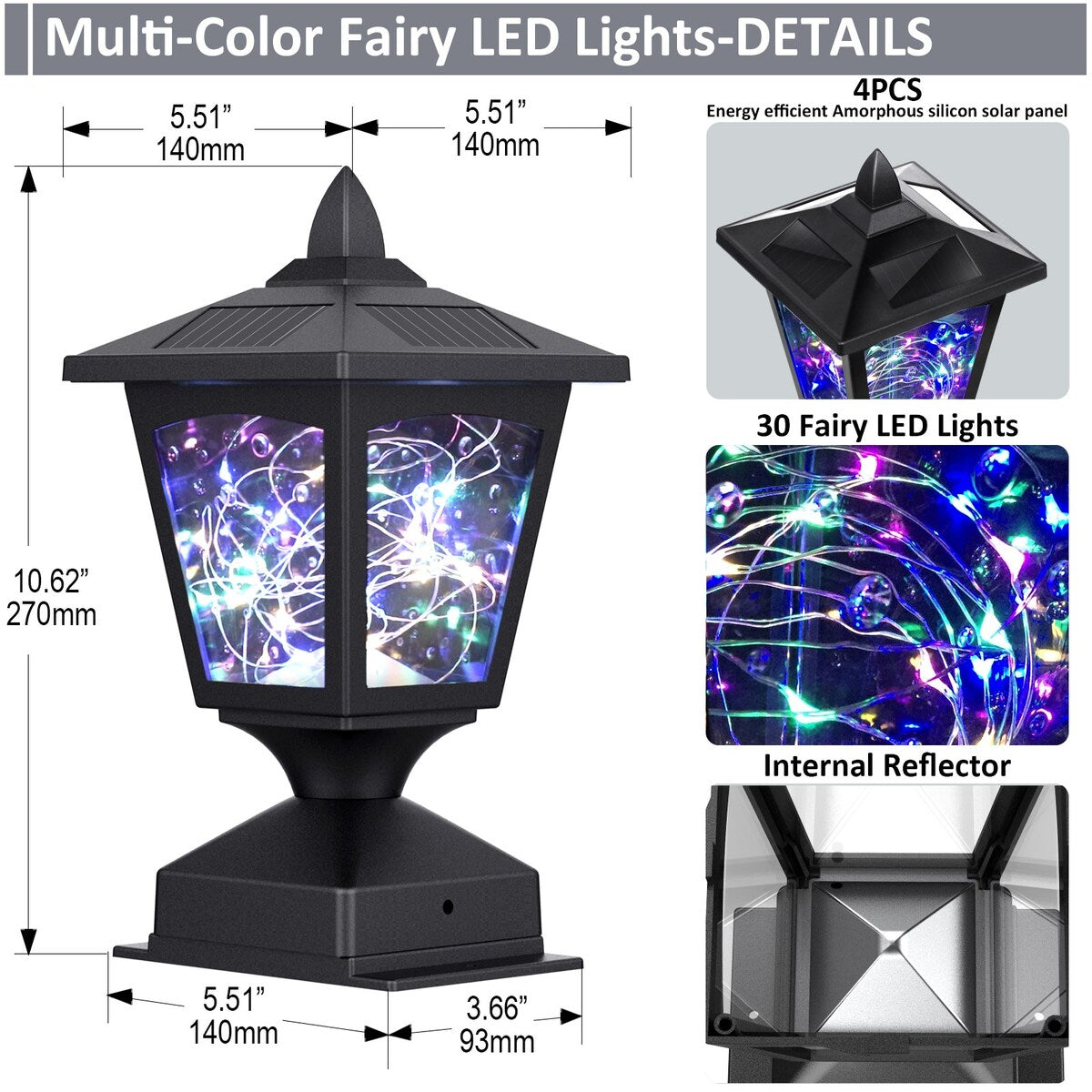 Solar Post Lights Outdoor, 30 Pcs Colorful LED, 4 Amorphous Silicon Solar Panels, fit 4x4 6x6 Wooden Posts(2 Pack)