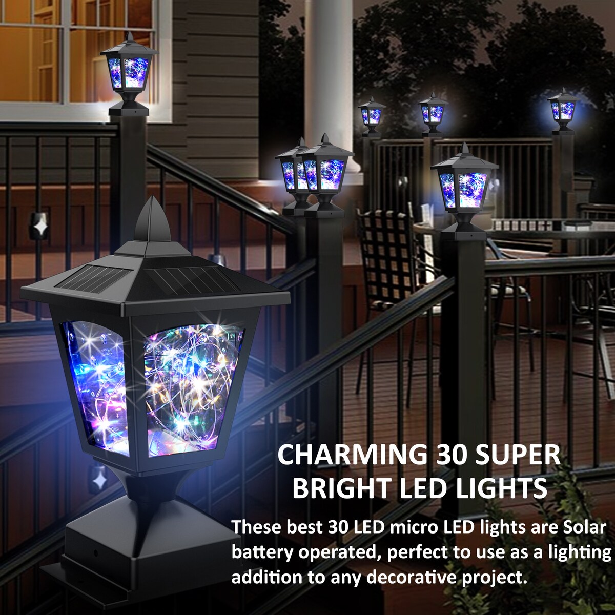 Solar Post Lights Outdoor, 30 Pcs Colorful LED, 4 Amorphous Silicon Solar Panels, fit 4x4 6x6 Wooden Posts(2 Pack)