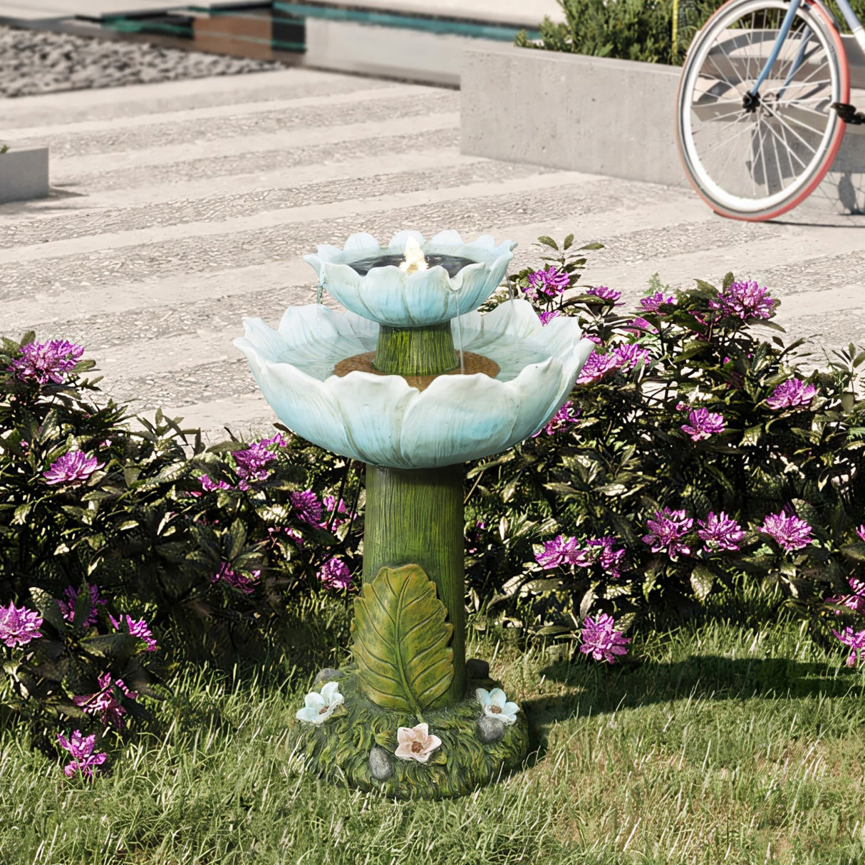 Solar Powered Blue Flower 2-Tier Resin Birdbath Fountain with Lights