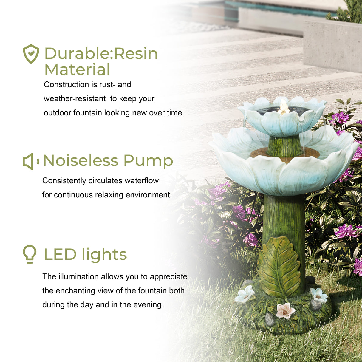 Solar Powered Blue Flower 2-Tier Resin Birdbath Fountain with Lights
