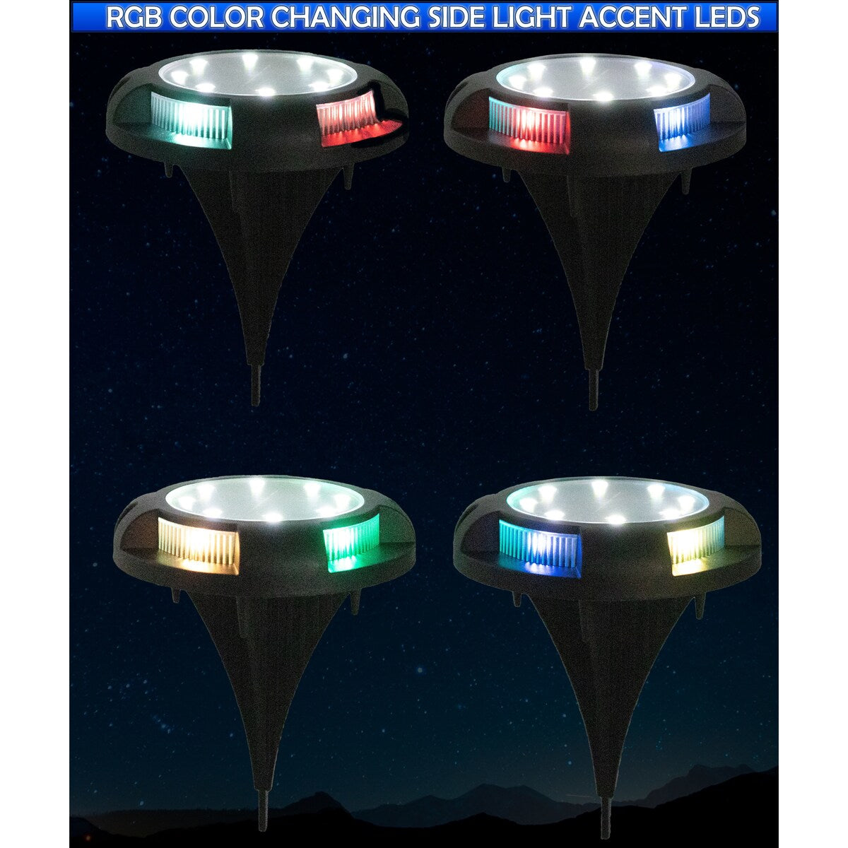 Solar Powered Disc 8 LED Ground Lights w/ 7 COLOR Changing Side Accent 4 pack - Small