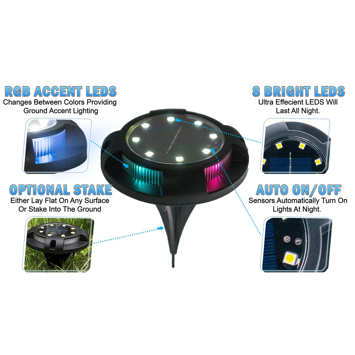 Solar Powered Disc 8 LED Ground Lights w/ 7 COLOR Changing Side Accent 4 pack - Small