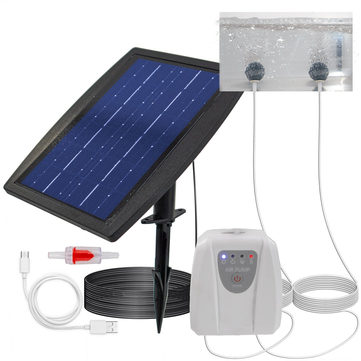 Solar Powered Pond Aerator Air Pump - Aquarium Fish Tank Oxygenator with 2 Air Stone Diffusers, with Battery Backup - regular