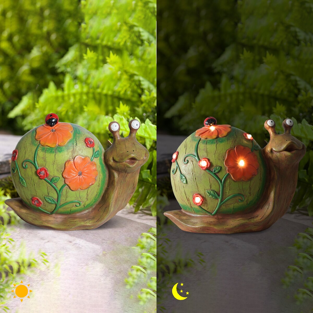 Solar Powered Snail with Flowers and Ladybug Outdoor LED Garden Light Decor