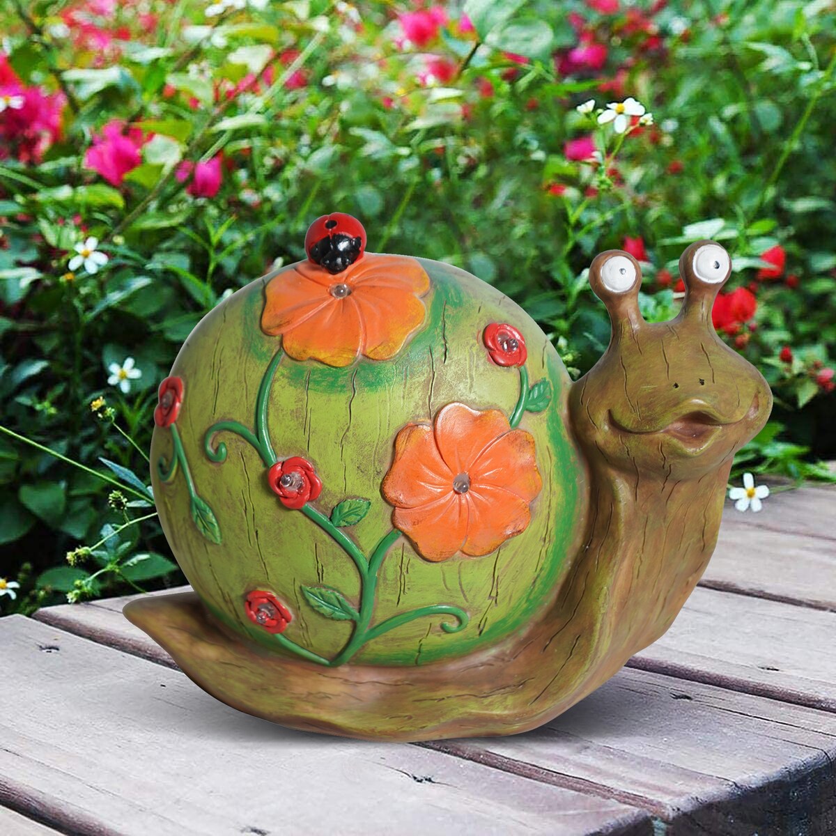 Solar Powered Snail with Flowers and Ladybug Outdoor LED Garden Light Decor
