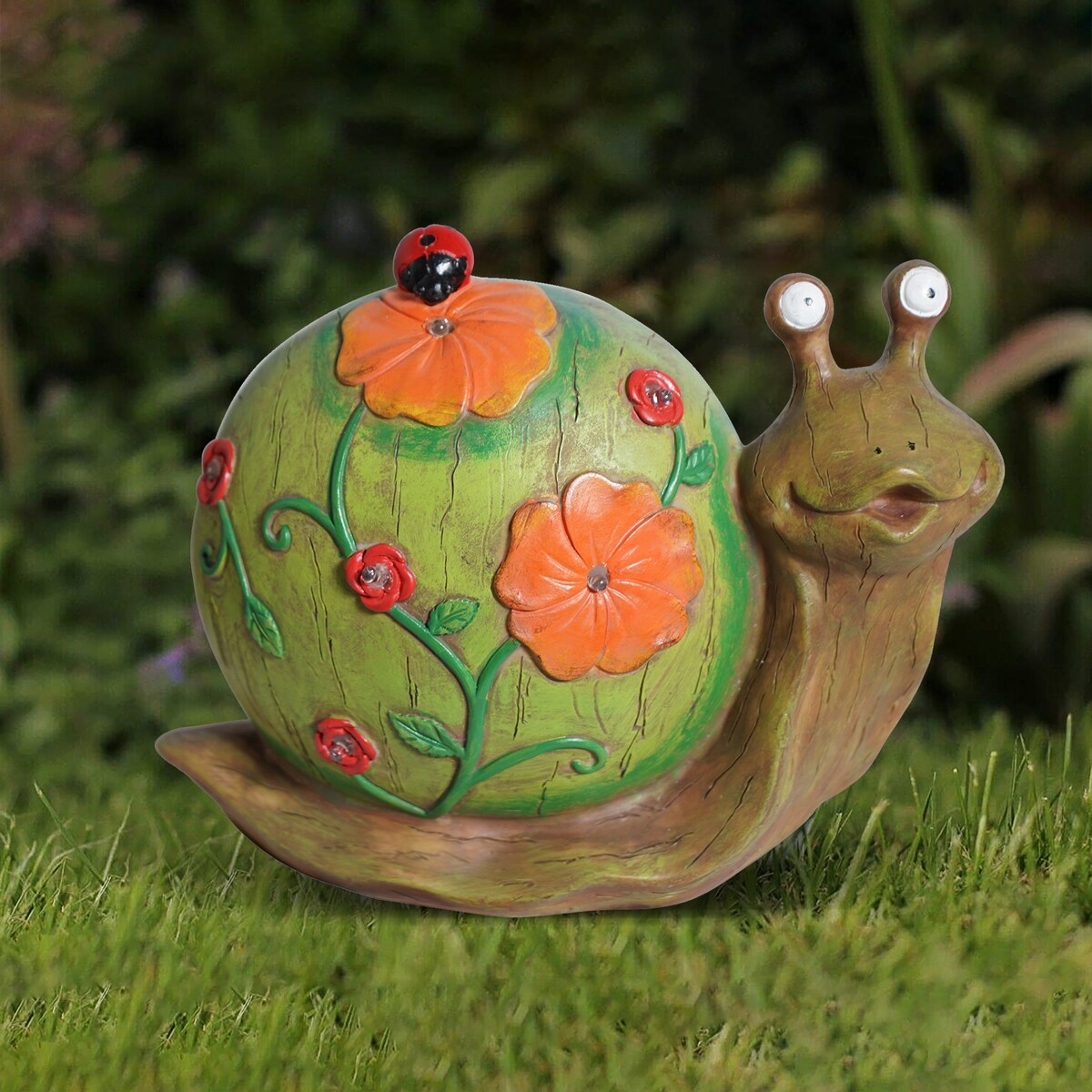 Solar Powered Snail with Flowers and Ladybug Outdoor LED Garden Light Decor
