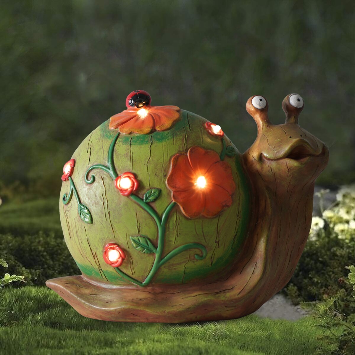 Solar Powered Snail with Flowers and Ladybug Outdoor LED Garden Light Decor