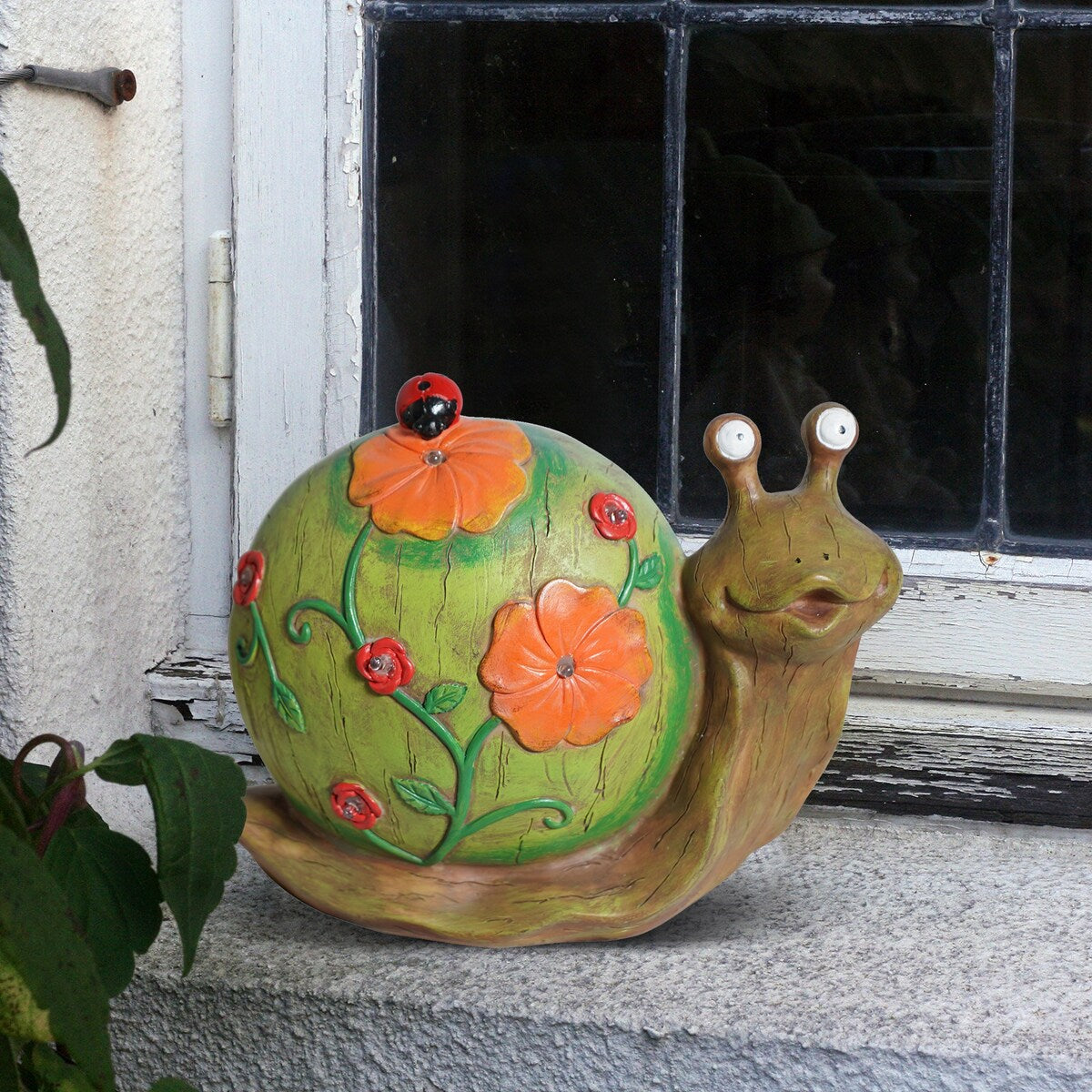 Solar Powered Snail with Flowers and Ladybug Outdoor LED Garden Light Decor