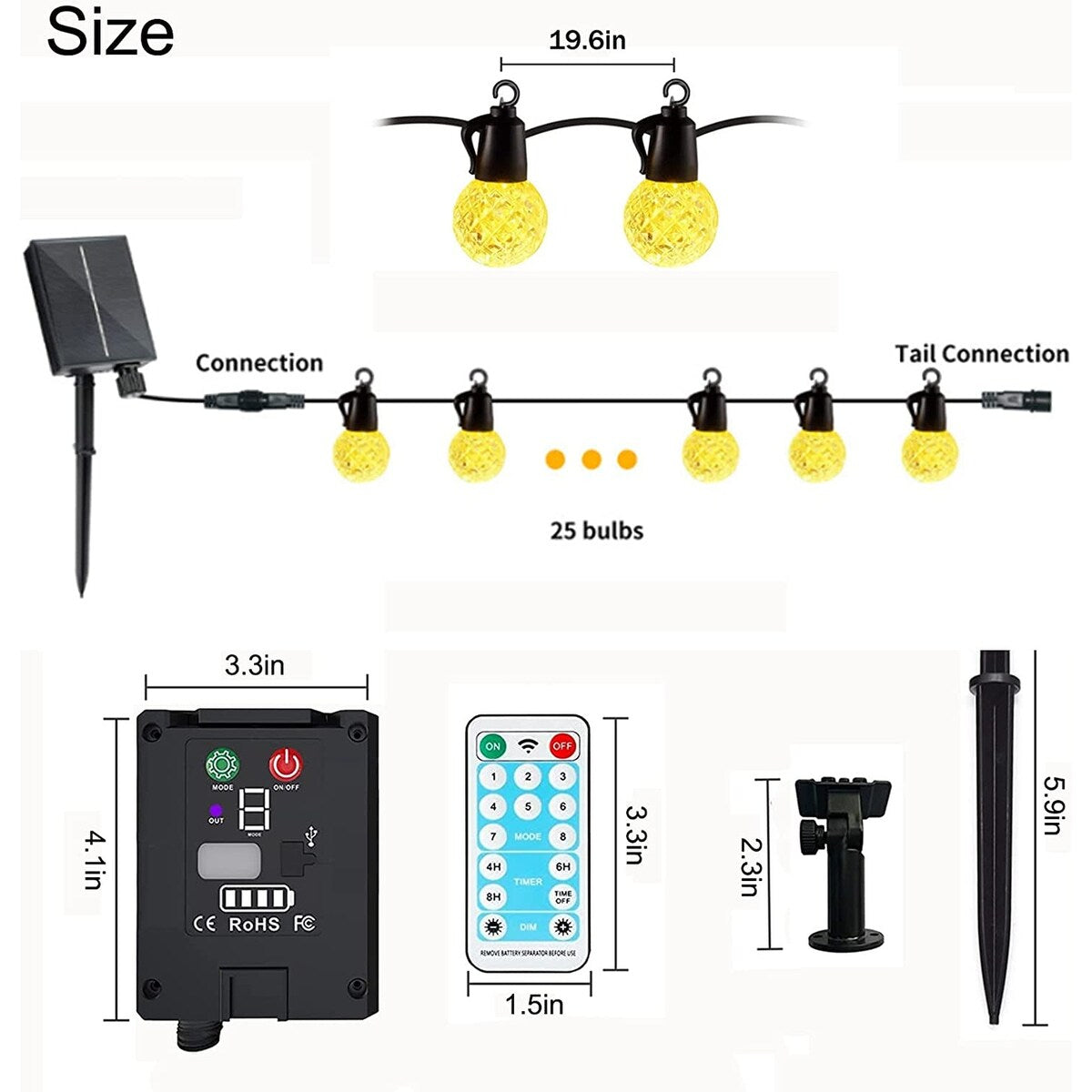 Solar String Lights, 25 LED 49ft Crystal Globe Lights with 8 Lighting Mode and Remote