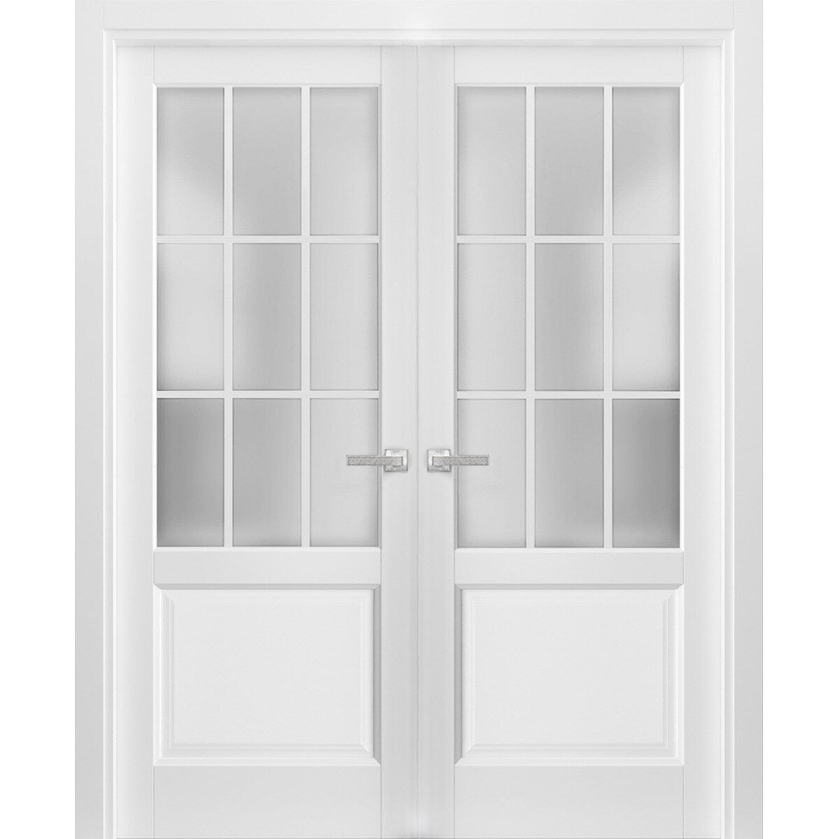 Solid French Double Doors Frosted Glass 9 Lites / Felicia 3309 White