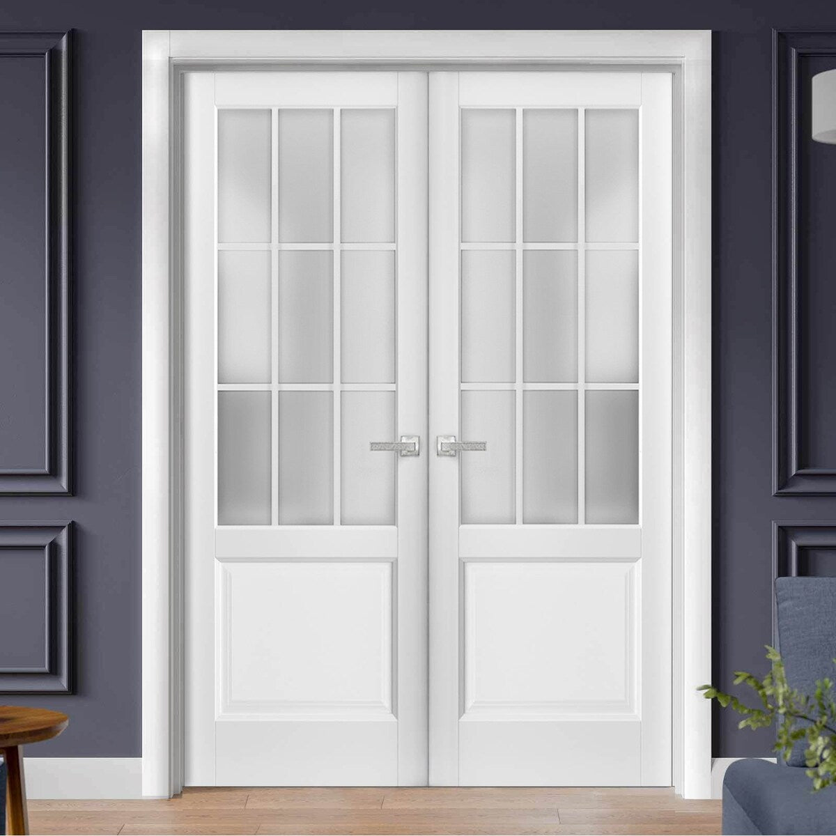Solid French Double Doors Frosted Glass 9 Lites / Felicia 3309 White