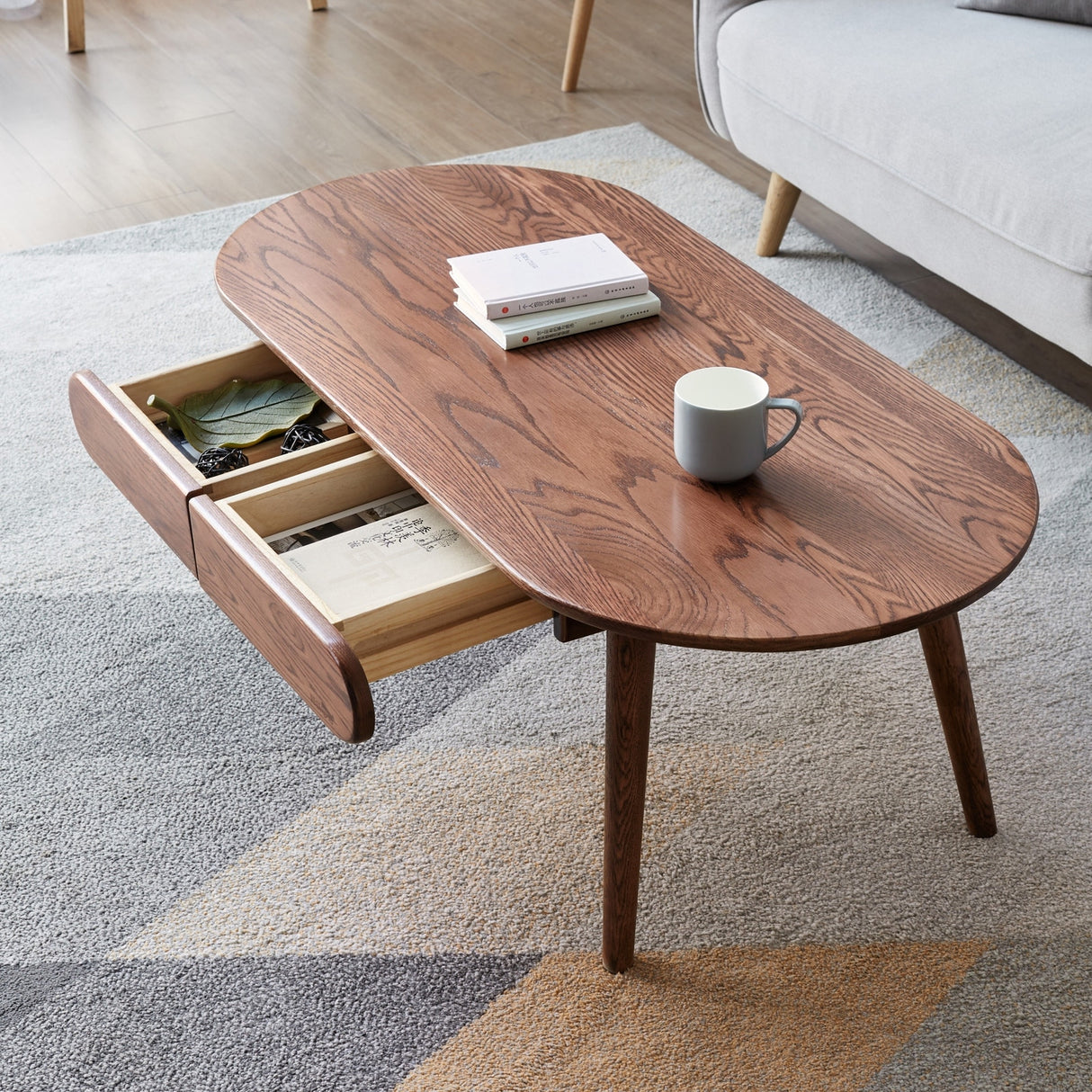 Solid Oak Wood Coffee Table with Storage, Coffee Table with Drawers - 47”