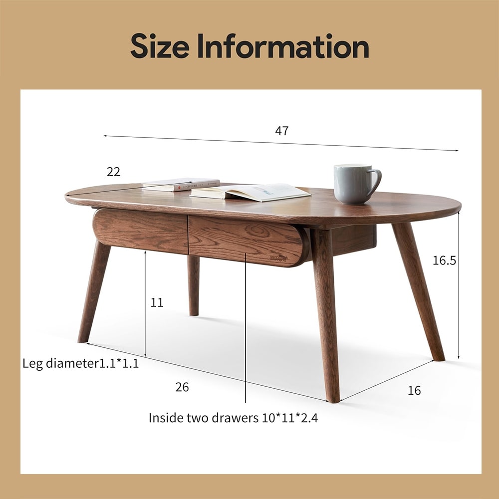 Solid Oak Wood Coffee Table with Storage, Coffee Table with Drawers - 47”