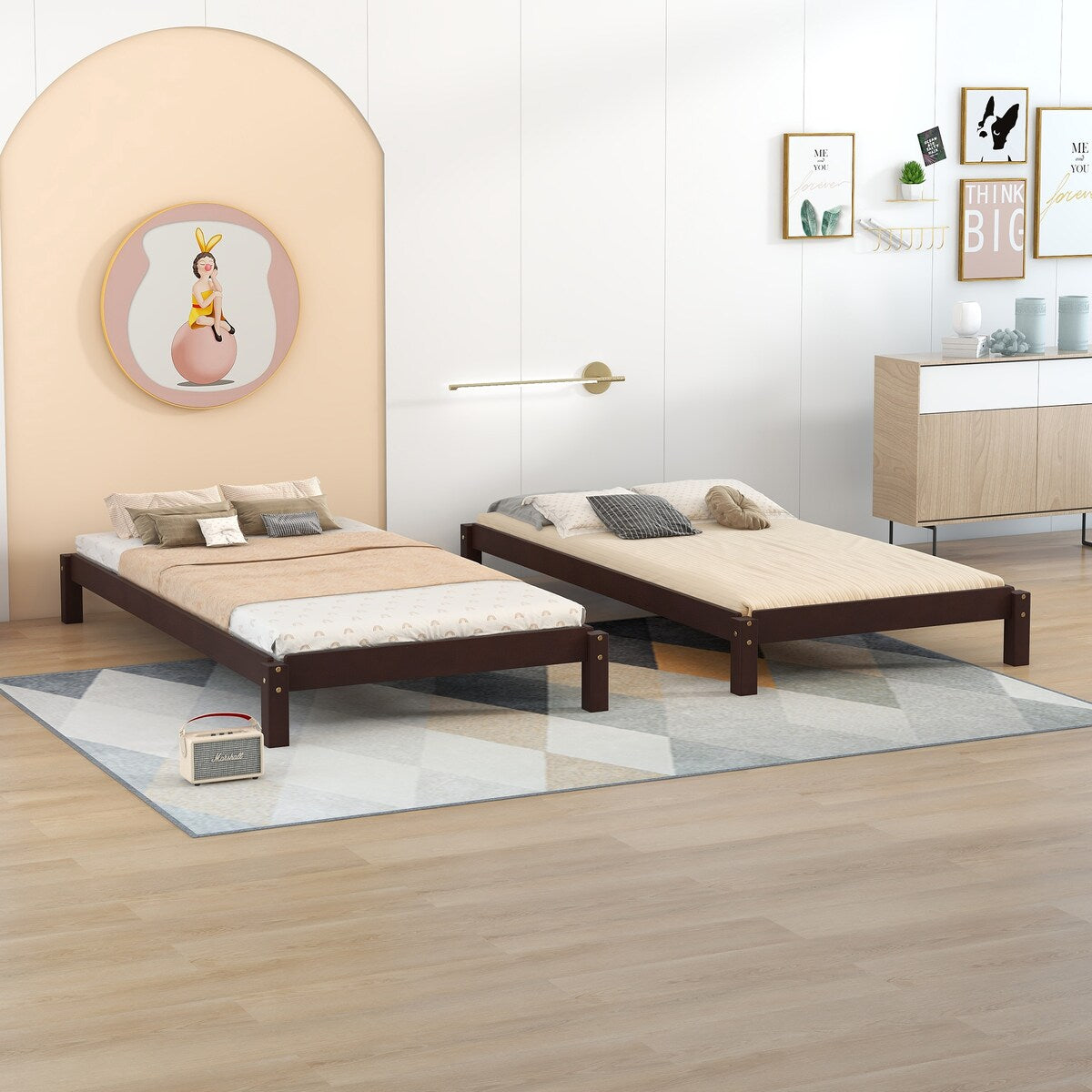 Solid Platform Bed , 2 Twin Wood Bed Guest Bed Stackable Bed