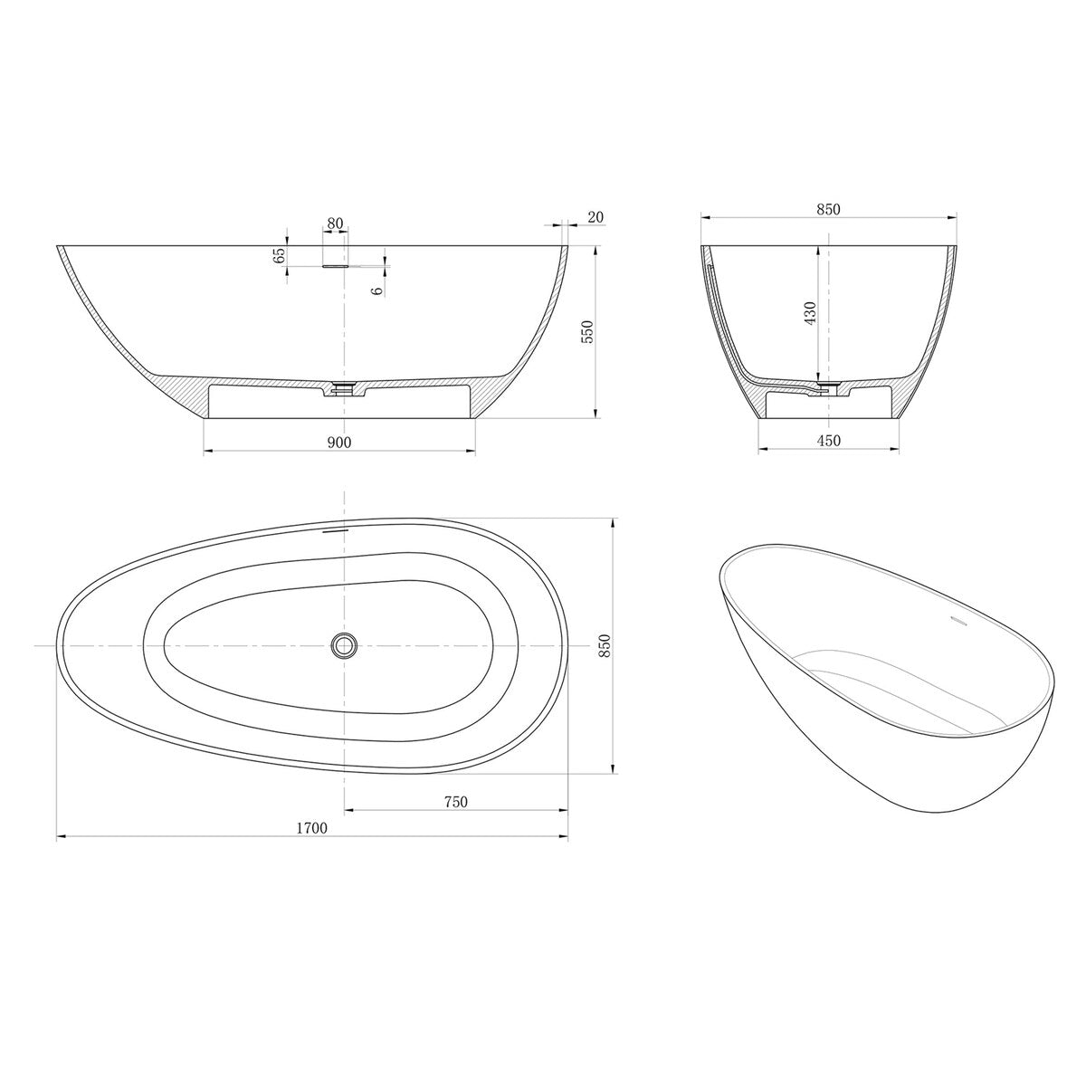 Solid Surface Freestanding Bathtub in Matte White
