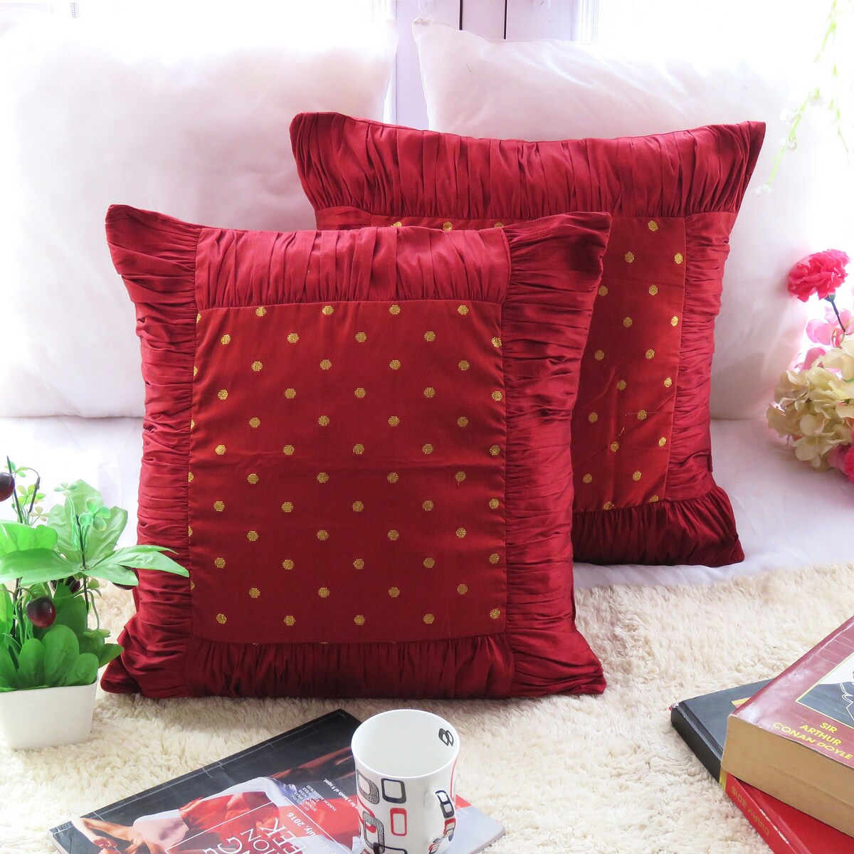 Solid Throw pillow Polydupion Decorative Brocade Cushion Cover Set of 2