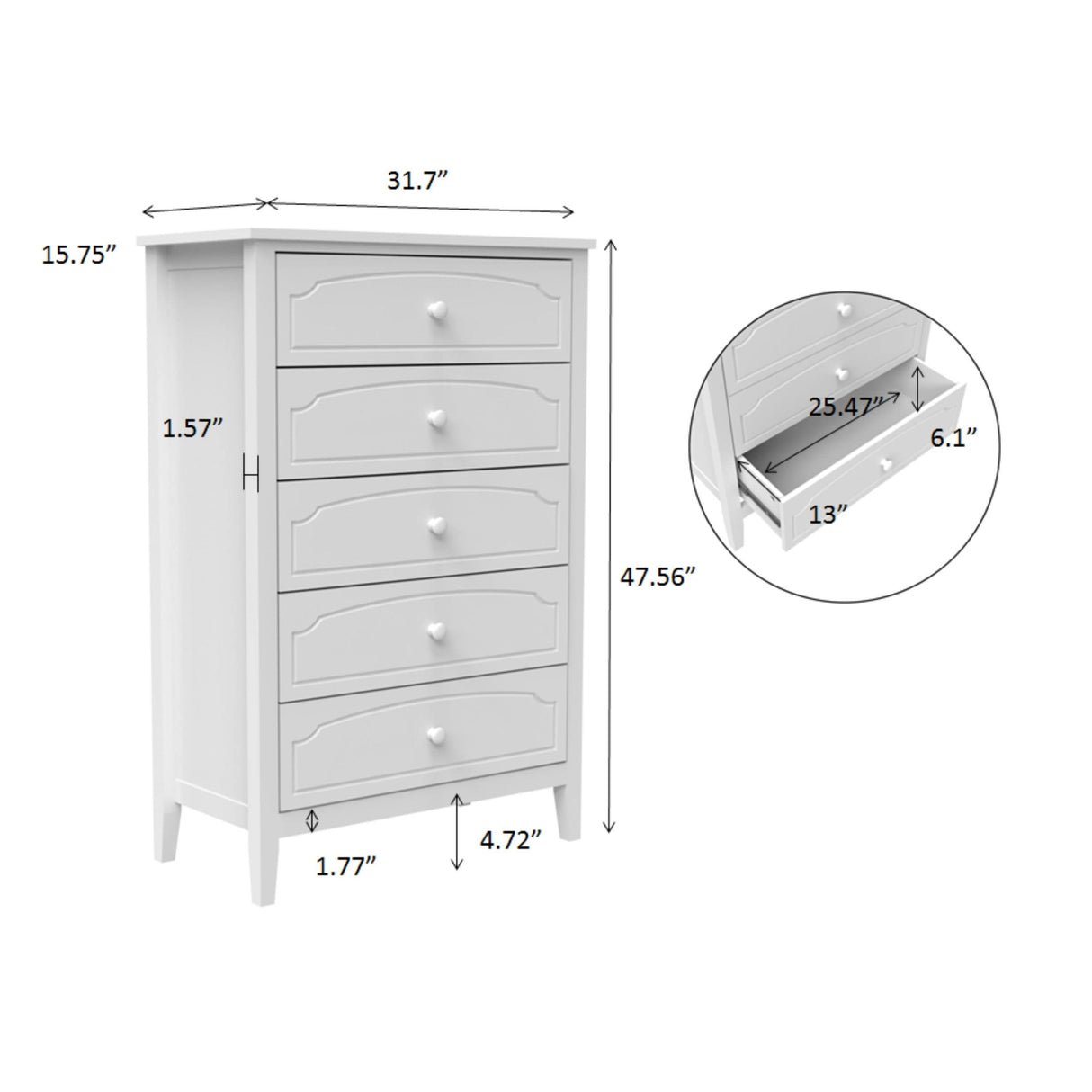 Solid Wood 5 Drawers Chest Bedroom Furniture