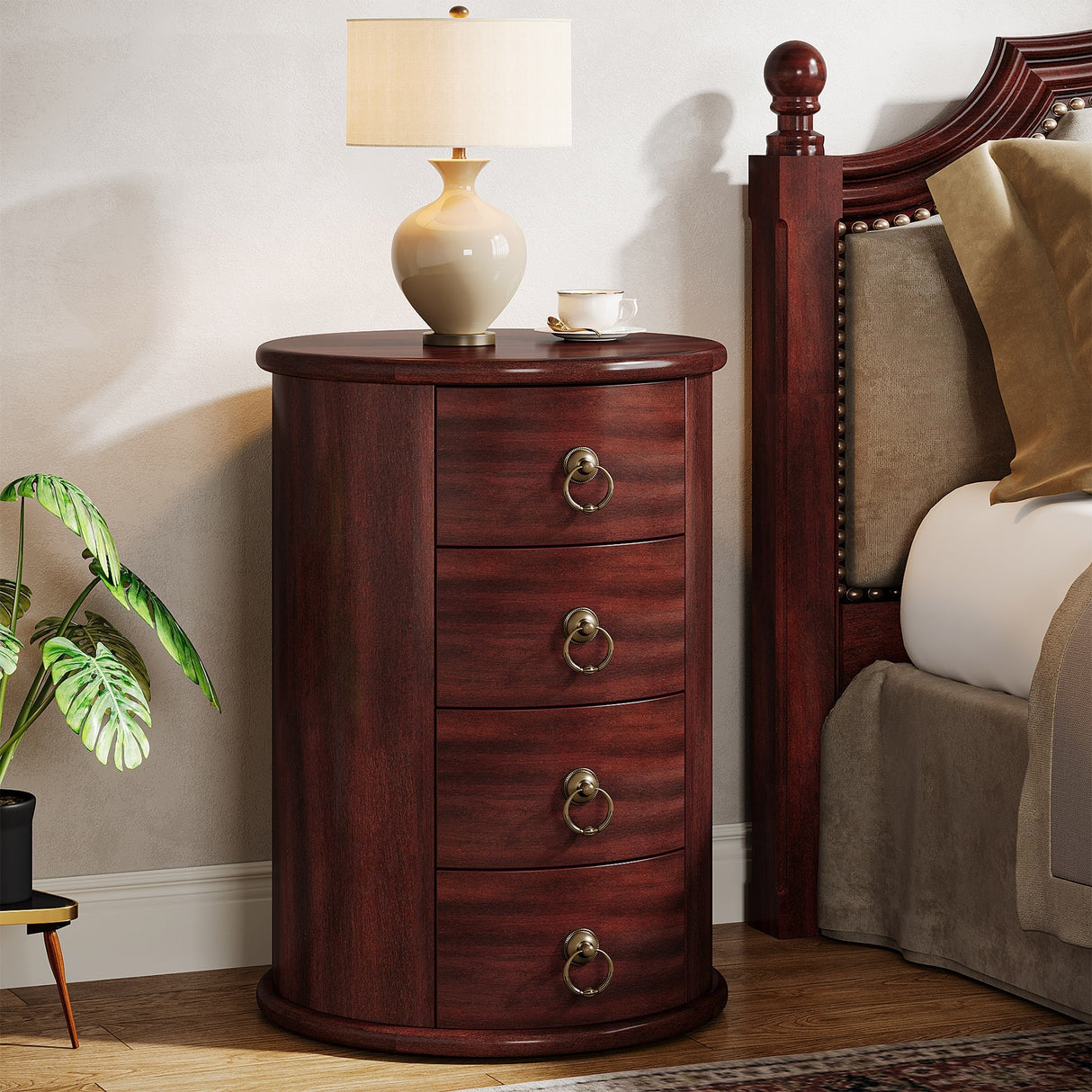 Solid Wood Bedside Table, Round Nightstand with 4 Drawers