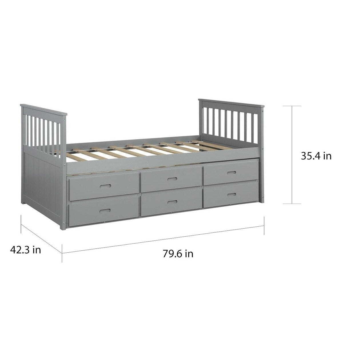 Solid Wood Captain Bed with Trundle and Drawers, Gray