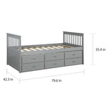 Solid Wood Captain Bed with Trundle and Drawers, Gray